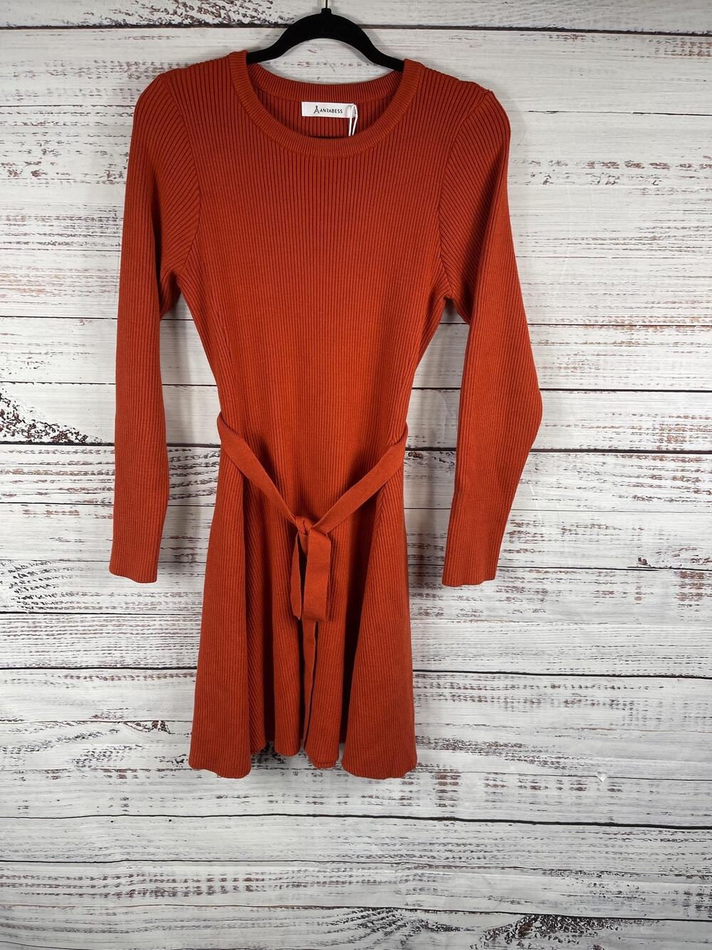 Anrabess Sweater Dress Women's Medium Rust Ribbed Knit Belted Long Sleeve Orange